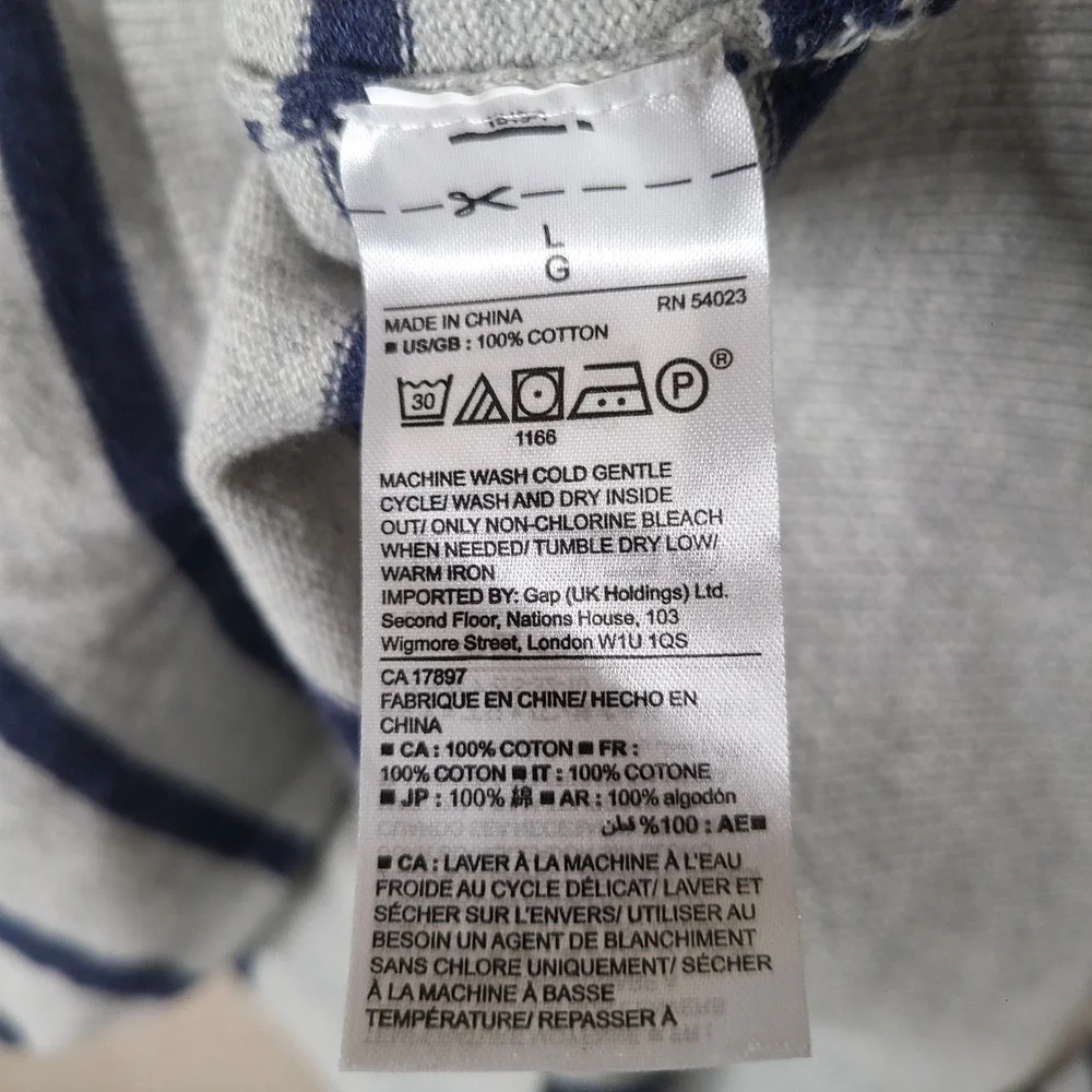 Gap Sweater Mens Large Gray Blue Striped V-Neck 100% Cotton Long Sleeve Pullover